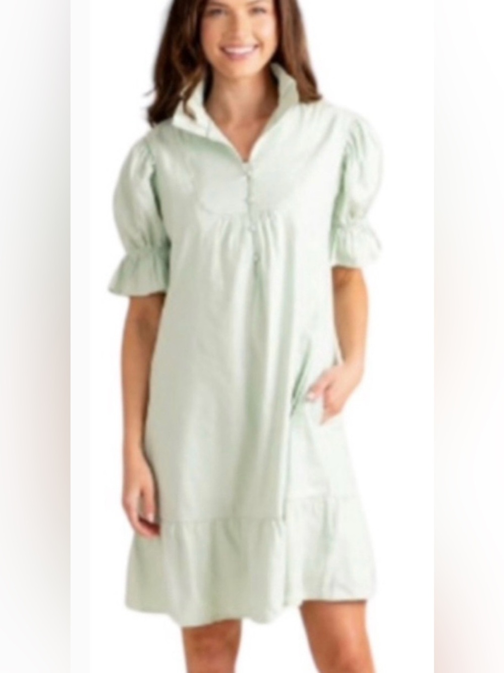 S’Edge Light Mint Cotton Puff Sleeve Tiered Dress Size Large Cottage-core